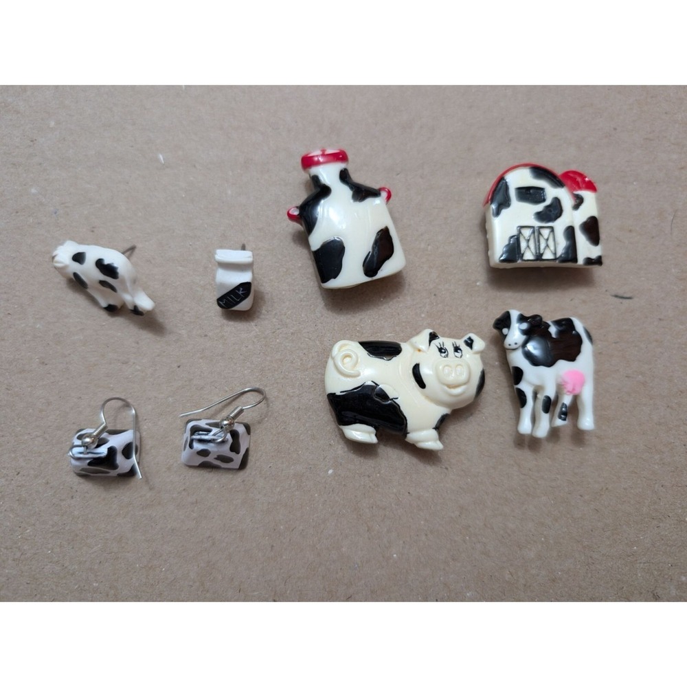 Cow Button Covers Milk Pig 2 sets of earrings plastic / resin /‎ metal mixed lot